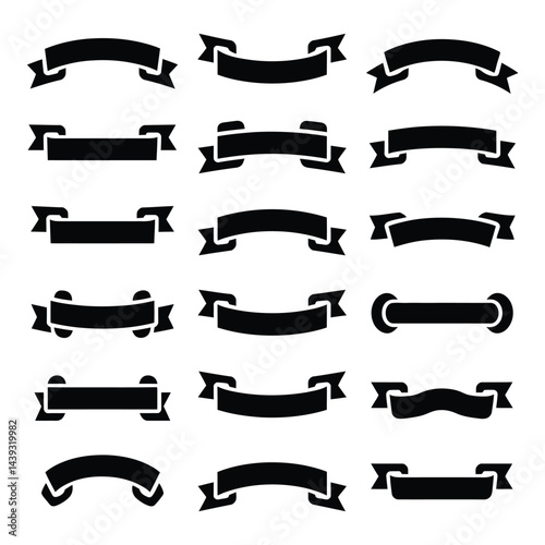 Collection of Black Ribbons, Banners, badges, Labels - Design Elements on white background.