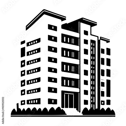 Monochrome architectural elevation, modern building design with simple line art style