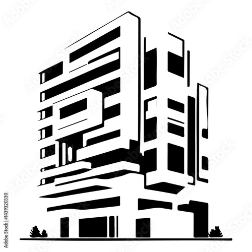 Stylized monochrome illustration of an abstract modern building silhouette