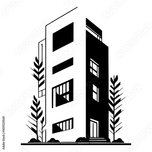 Monochromatic building facade with abstract trees, offering a modern urban vibe