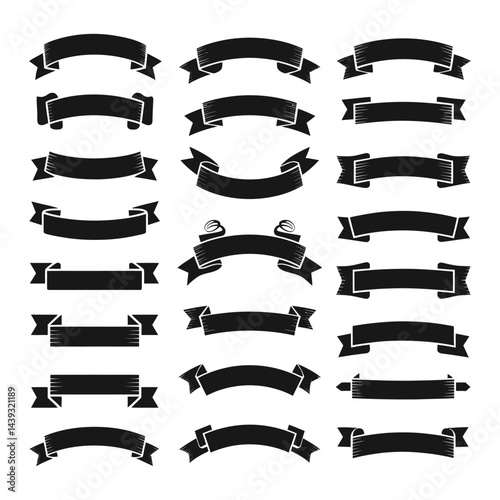 Collection of Black Ribbons, Banners, badges, Labels - Design Elements on white background.