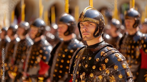 Soldiers in Uniform Standing in Formation with Ornate Helmets and Armor