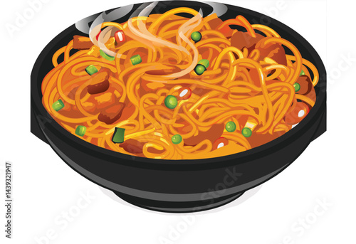 vector noodles with chicken and vegetables