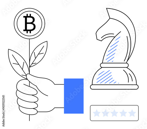 Hand holding leafy plant with Bitcoin symbol, knight chess piece symbolizing strategy, and five-star rating for quality. Ideal for growth, investment, strategy, innovation, excellence, finance