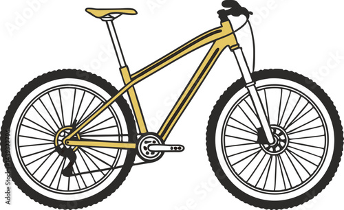 Stylized Mountain Bike Minimalist Design Yellow and Black Large Spoked Wheels Knobby Tires Suspension Frame Vector Art Sporty Side View Iconic Bicycle Illustration 
