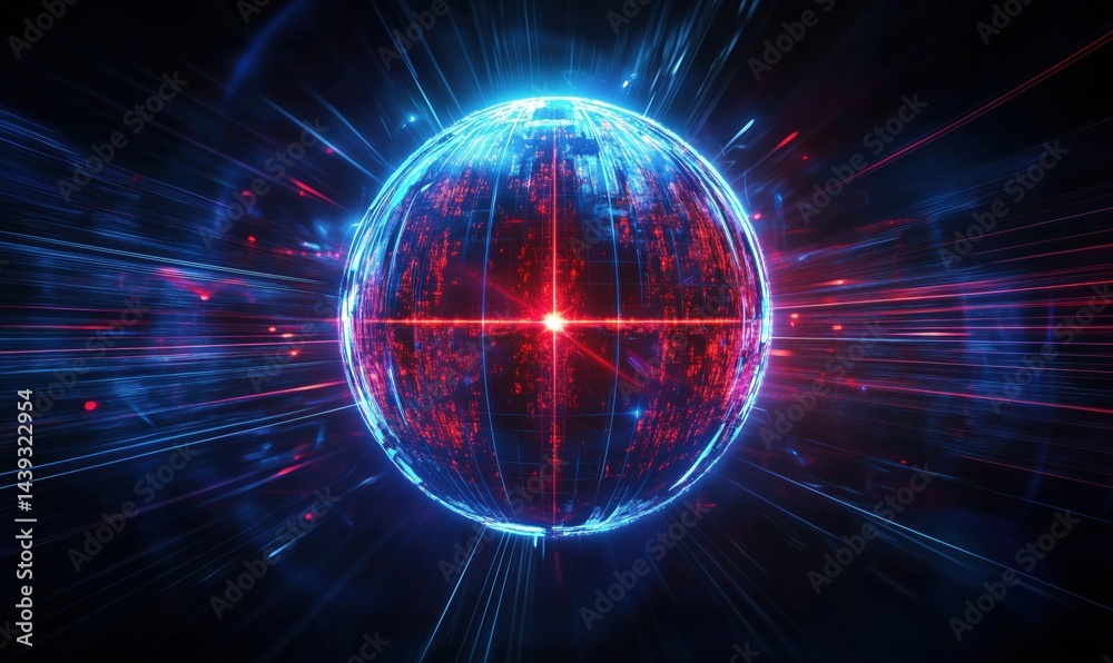 Obraz premium Futuristic glowing digital globe with vibrant light trails and data visualization effects