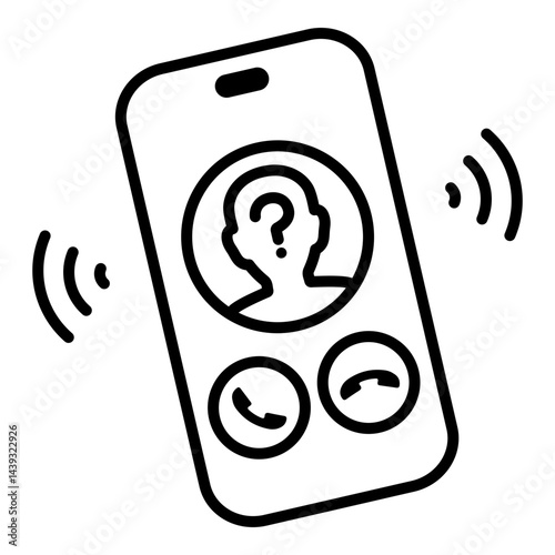 Ringing Mobile Phone with Unknown Caller vector icon, representing incoming calls, mystery callers, telemarketing, scam risk, and unidentified communication