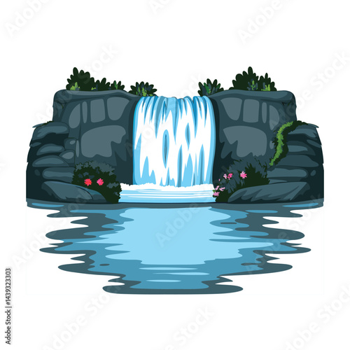 vector realistic scene with waterfall and river running