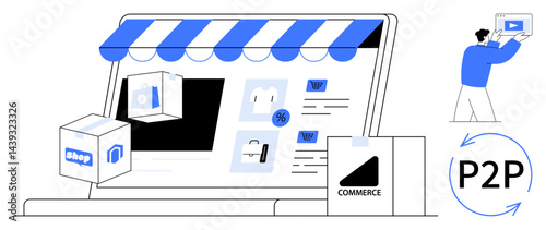 Laptop displaying digital storefront, product boxes, commerce icons, person holding device, P2P logo. Ideal for e-commerce, online shopping, peer-to-peer trade, retail delivery business growth
