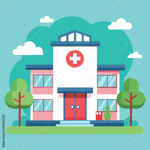 Vector illustration in simple childish style, hospital, medical institution, pharmacy