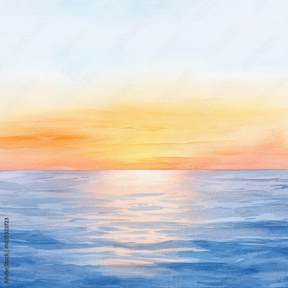Obraz premium Serene watercolor painting depicting tranquil ocean sunset, with soft hues of orange and blue
