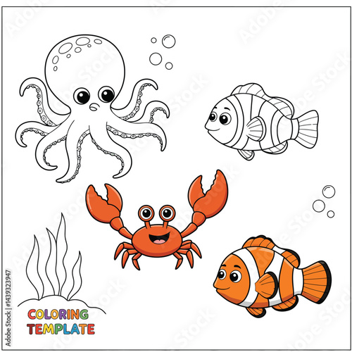 Cute funny octopus, crab and clownfish for coloring. Template for a coloring book with funny animals. Coloring page for kids.	