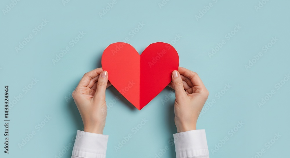 Holding Red Paper Heart on Blue Background Symbolizing Love Holding Red Paper Heart on Blue Background Symbolizing Love