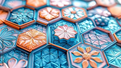 Detailed and Colorful Hexagonal Patterns with Floral Designs and Textures in Vibrant Blue and Orange Shades