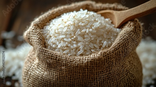 Uncooked white rice in burlap sack