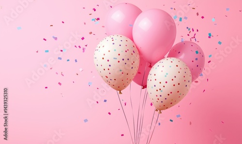 Colorful balloons with confetti on pink background for celebrations and parties