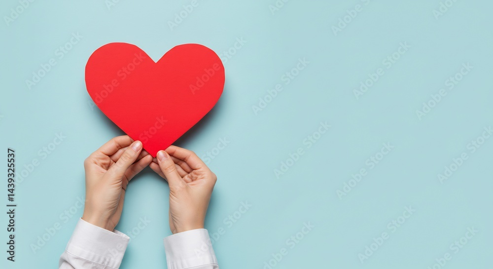 Holding Red Heart on Blue Background - Minimalist Love Concept Holding Red Heart on Blue Background - Minimalist Love Concept