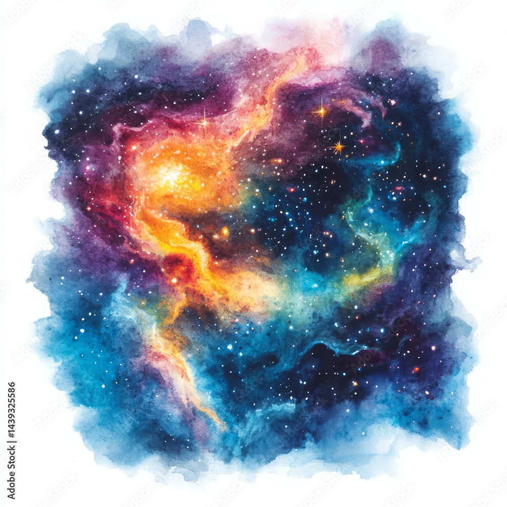 Fototapeta premium Colorful cosmic nebula in vibrant watercolor style, showcasing stars and swirling gases
