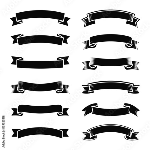 Collection of Black Ribbons, Banners, badges, Labels - Design Elements on white background.