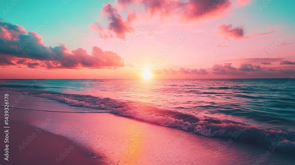 Stunning pink sunset ocean beach tropical summer scene waves sky sea day sand view calm water coast Stunning pink sunset ocean beach tropical summer scene waves sky sea day sand view calm water coast