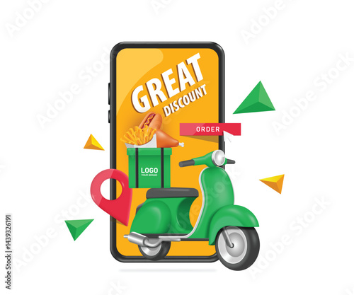 Green scooter or motorbike with a green square food box or bag on back and food on top and all display on smartphone screen for designing a food delivery or takeaway service, vector 3d isolated