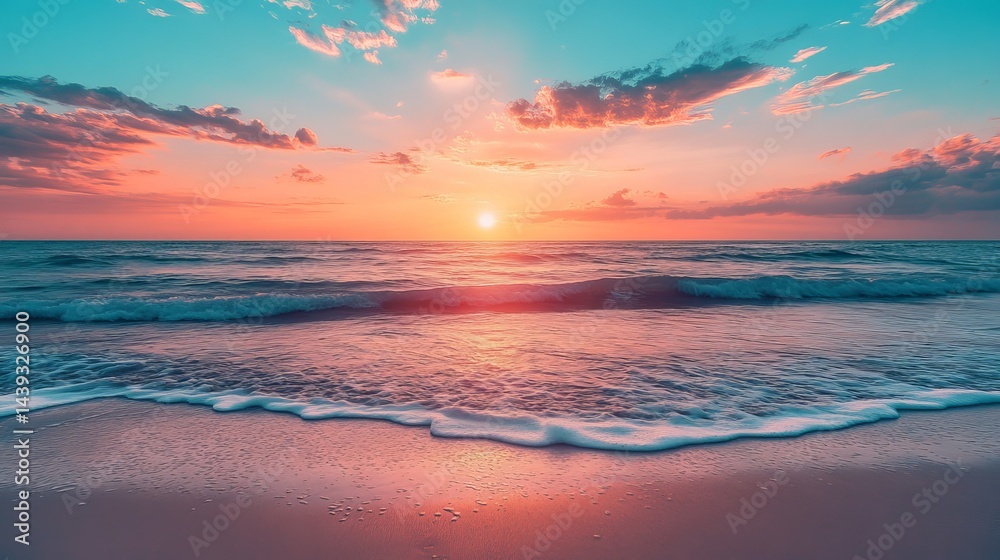 Serene ocean sunset beach scene with pink and teal sky waves sea sand calm foam view water coast Serene ocean sunset beach scene with pink and teal sky waves sea sand calm foam view water coast