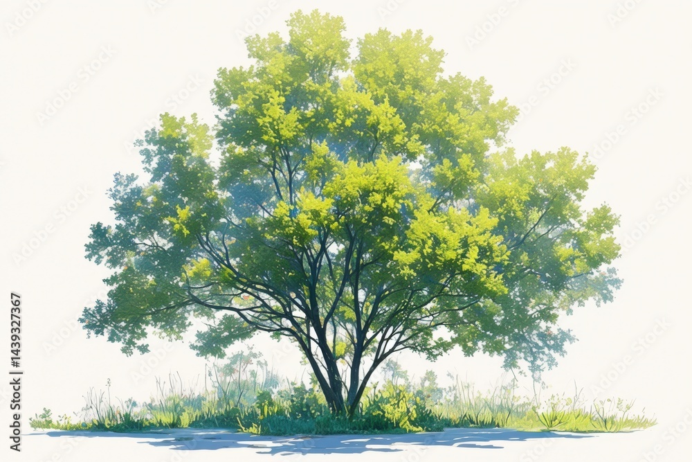 Fototapeta premium Lush green tree, sunlight dappled leaves, grassy base