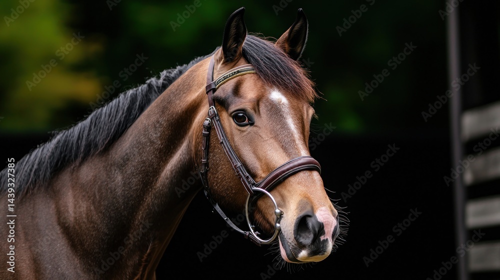 Obraz premium Chestnut horse portrait in stable, dark background