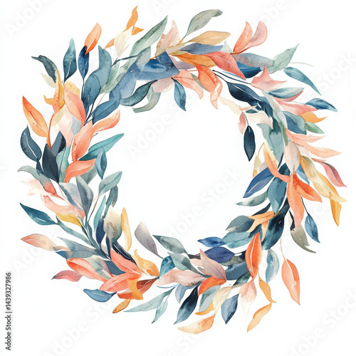 Beautiful watercolor wreath featuring vibrant leaves in various colors, perfect for decoration