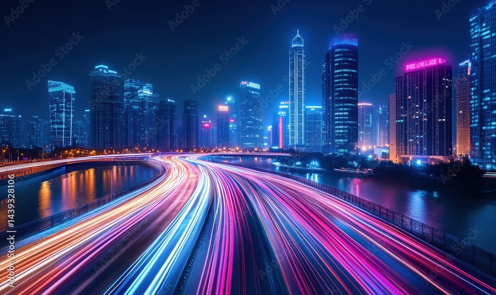 Fototapeta premium Vibrant city skyline at night with colorful light trails and modern skyscrapers
