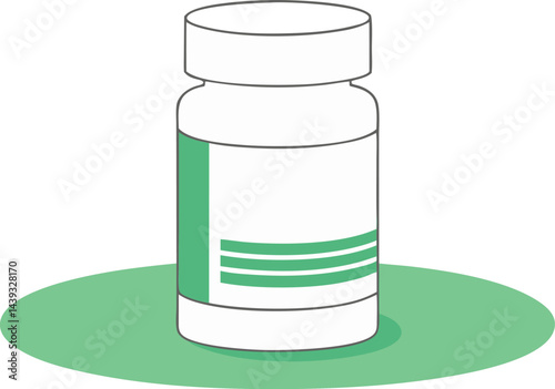 White pill bottle with green label and cylindrical shape in 3D render for medical supplies and healthcare concept 