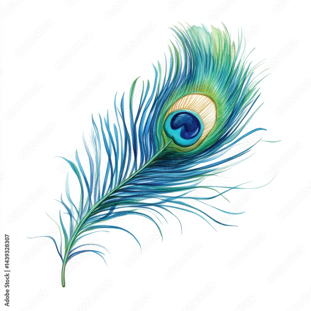 Obraz premium Vibrant peacock feather illustrated artistic watercolor style, showcasing intricate details
