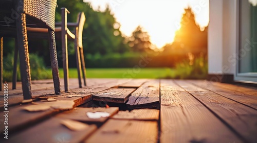 Damaged wooden deck at sunset, patio furniture, home exterior