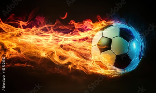 Soccer ball in motion surrounded by vibrant flames and colorful trails
