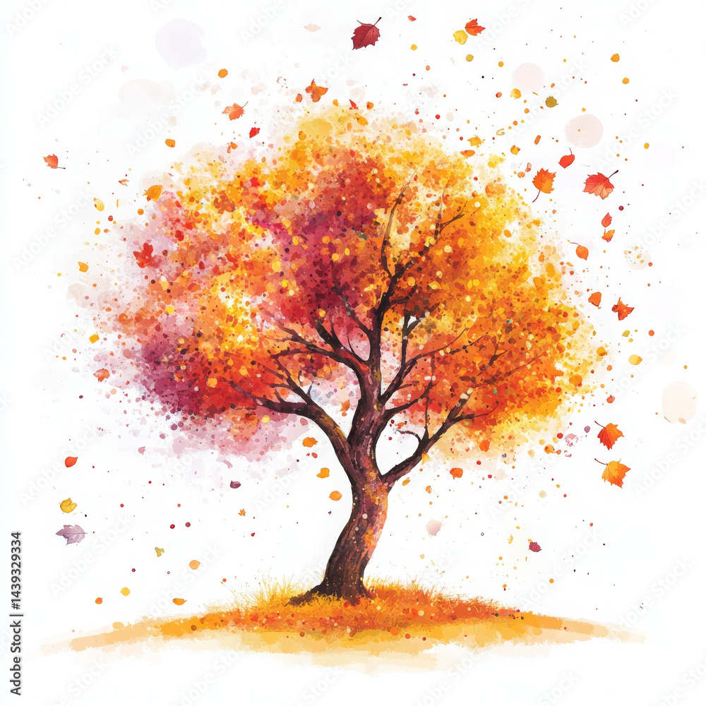 Fototapeta premium Vibrant watercolor illustration of tree with colorful autumn leaves, evoking sense of warmth