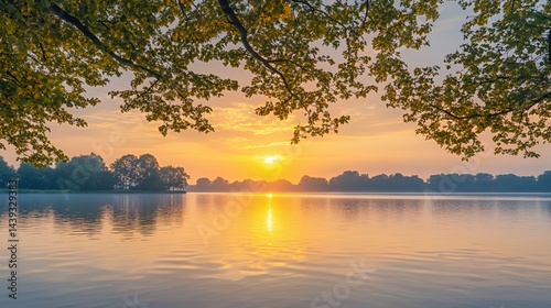 Serene sunrise over a tranquil lake, adorned by lush trees and golden reflections.