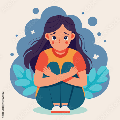 Anxious Girl In Need for a Helping Hand Vector Concept Illustration. Young teenage being vulnerable wanting care and comfort 