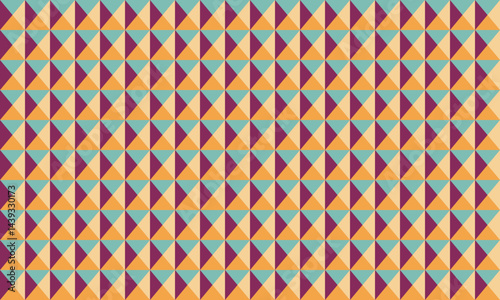 Retro geometric pattern featuring a seamless tessellation of triangles in muted orange, teal, and burgundy hues.  Ideal for backgrounds, website design, textile prints, and packaging.