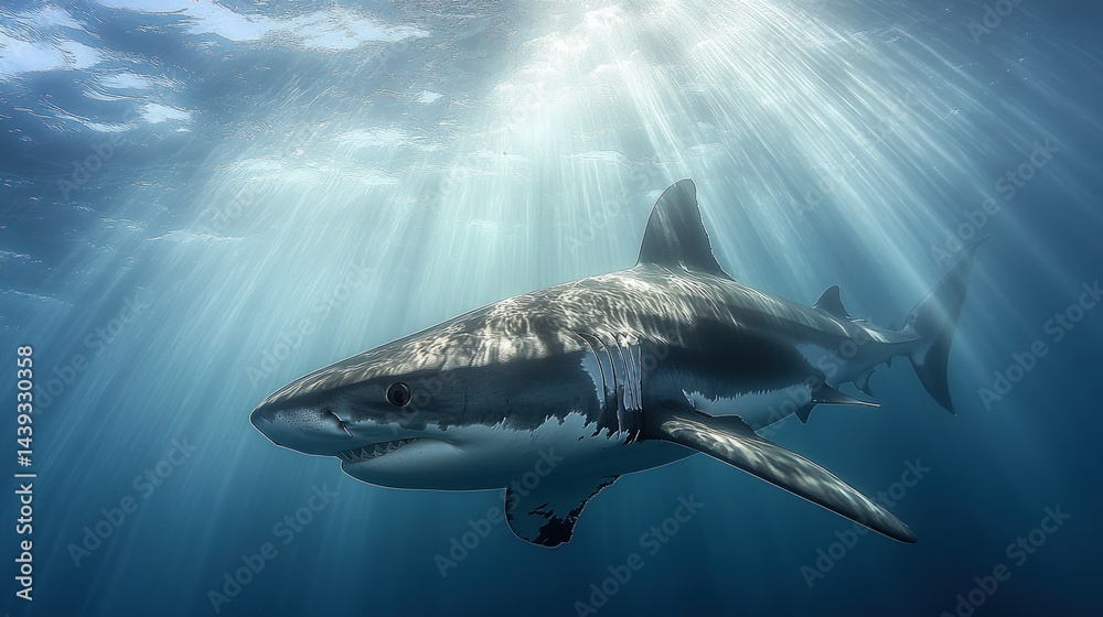 Fototapeta premium Majestic Shark Ascends in Sunlit Depths