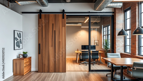 Modern Industrial Office Interior with Wooden Sliding Barn Door