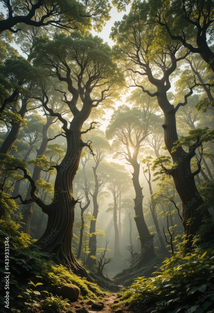 Fototapeta premium A lush forest scene featuring tall, green trees and vibrant bushes in the foreground, creating a serene and inviting natural landscape.