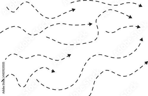 Curved dotted arrow icon set. Long dashed hand drawn squiggle. drawn squiggle. Arrow icons collection
