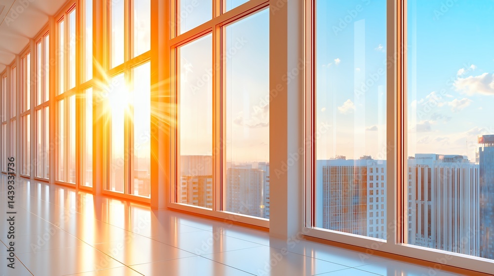 Sun Shining Through Windows with City Skyline at Sunset Sun Shining Through Windows with City Skyline at Sunset