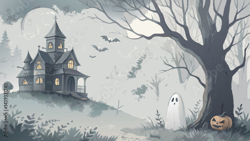 "Abstract Halloween  background in foggy grays and ghostly whites with ethereal atmosphere and copy space