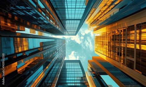Stunning upward view of modern skyscrapers reflecting golden light against blue sky