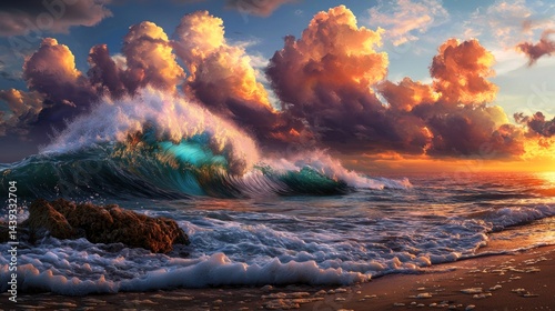 Dramatic sunset waves crashing on beach with vibrant clouds