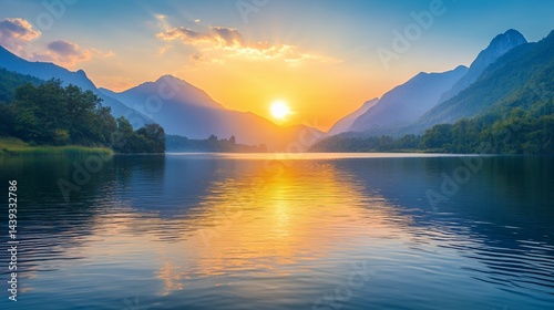 Serene landscape of mountains and lake at sunset with vibrant colors reflecting on water.