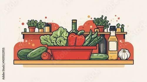 A vibrant illustration of fresh vegetables, including cucumbers, bell peppers, and leafy greens, surrounded by bottles of oil and garlic. The colorful design evokes a sense of healthy eating and fresh