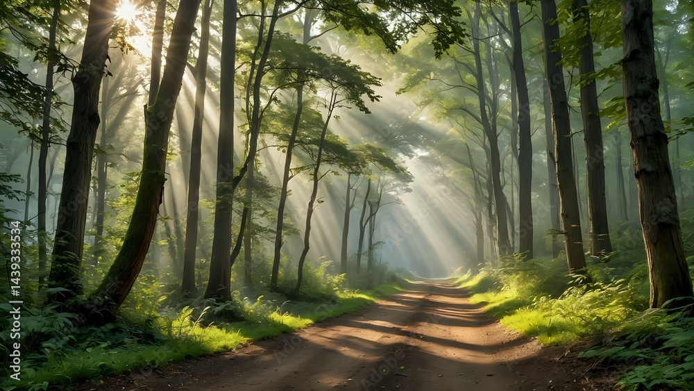 Obraz premium Sunlight Piercing the Morning Forest Trail