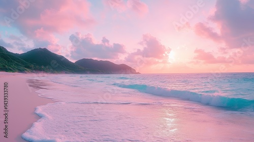 Serene beach at sunset with pastel hues and gentle waves lapping at the shore.